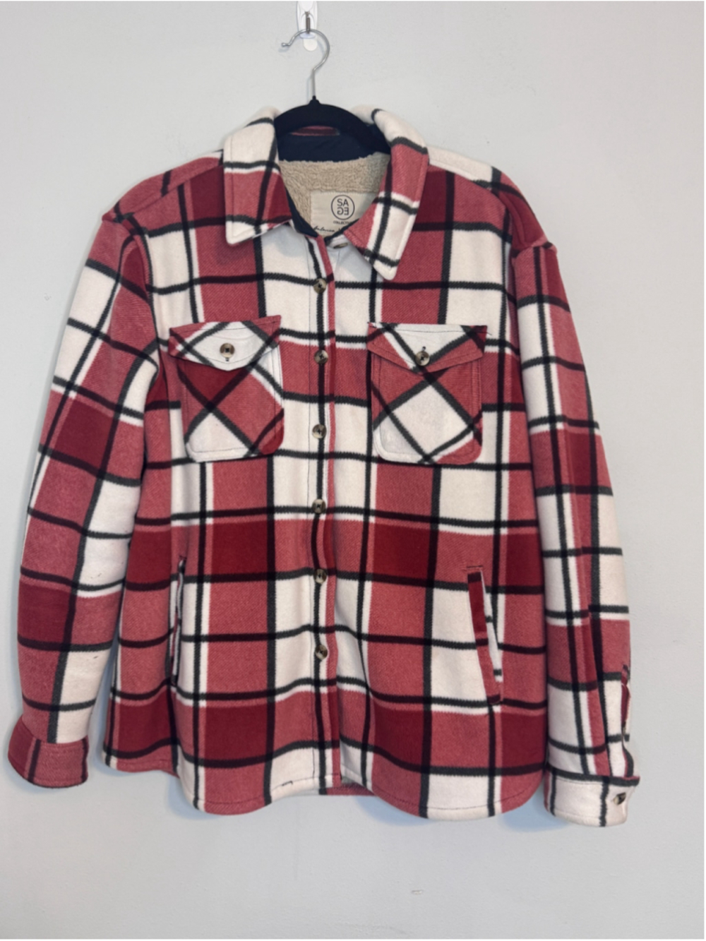 Women's Sage Collective Plaid Teddy Jacket, Size L, Red and White